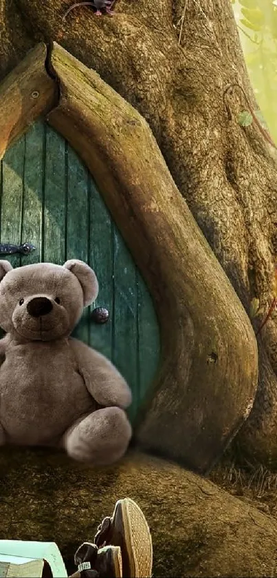 Girl reading by treehouse with teddy bear in magical forest.
