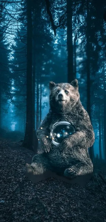 Bear holding glowing orb in mystical forest at night.