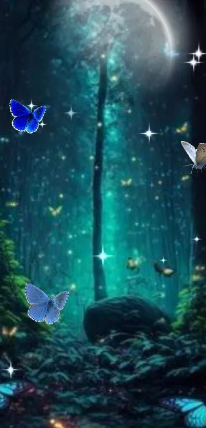 Mystical forest with butterflies and stars under a moonlit sky.