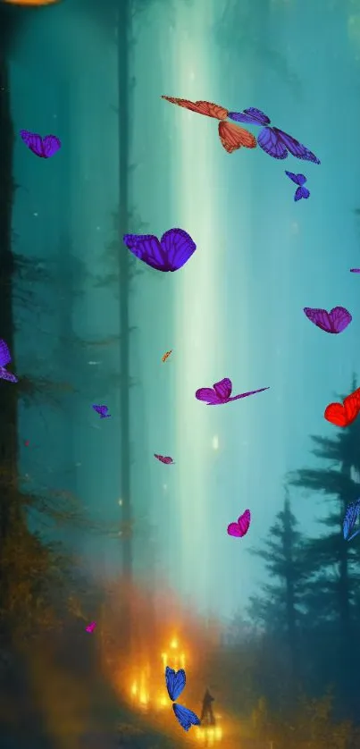 Magical forest with glowing butterflies and teal ambiance.