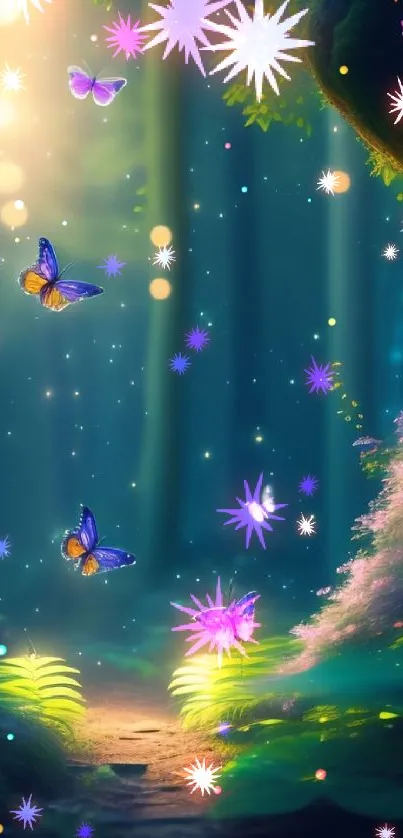 Magical forest scene with glowing butterflies and lush green foliage.