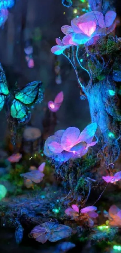 Glowing butterflies and flowers in a mystical forest wallpaper.