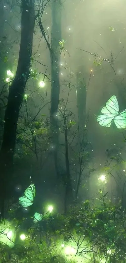 A mystical forest with glowing butterflies amid lush greenery.