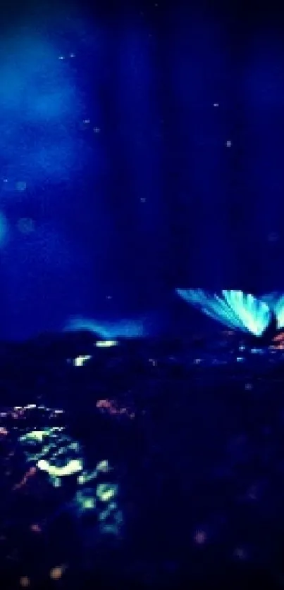 Glowing butterflies in a mystical blue forest setting.