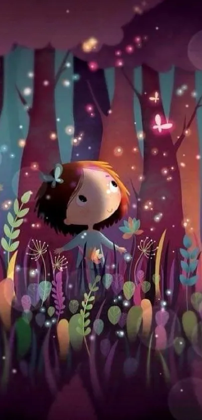 Whimsical cartoon girl in a magical, glowing forest.