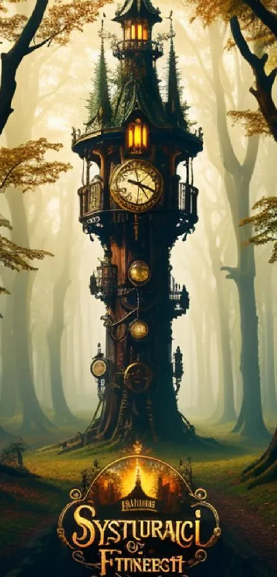 Enchanted clock tower in a mystical forest wallpaper.