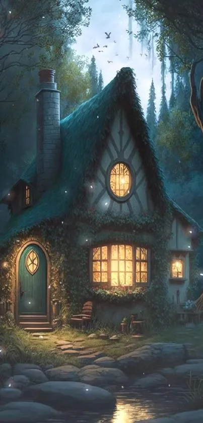 Charming fairy-tale cottage in a magical, dense forest setting.