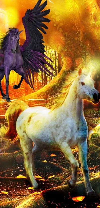 Magical forest wallpaper with unicorns and mythical creatures.