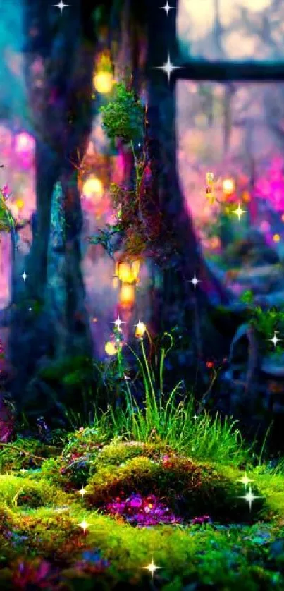 Enchanting forest with neon lights, moss, and trees in a magical setting.