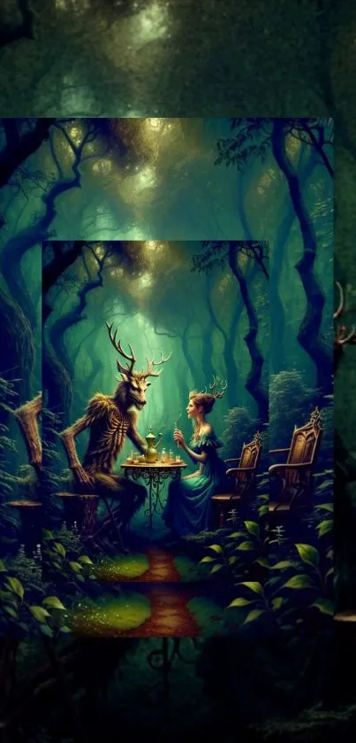 Magical forest scene with a deer and woman sharing tea in vibrant greenery.