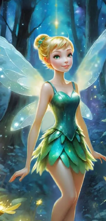 Beautiful fairy in a mystical forest with glowing wings and a magical atmosphere.