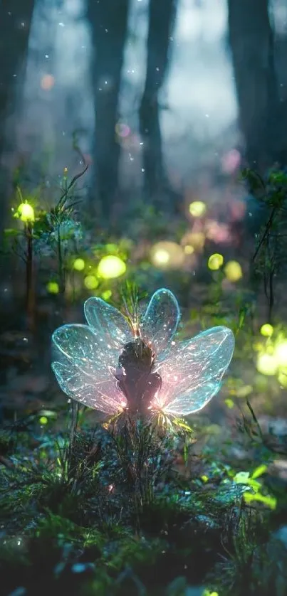 Enchanting forest with glowing fairy and fireflies.