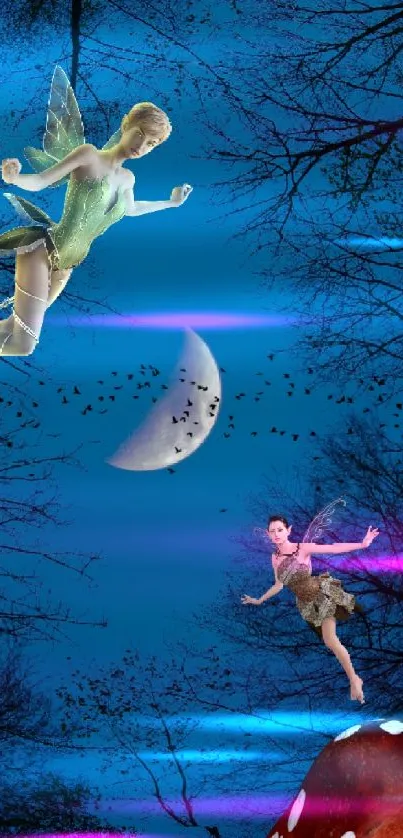 Mobile wallpaper of fairies flying in a blue night forest scene.