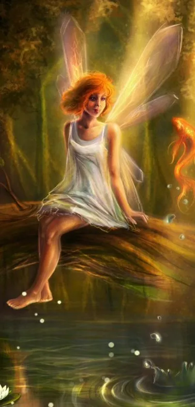 Fairy on tree in mystical forest with glowing ambiance.