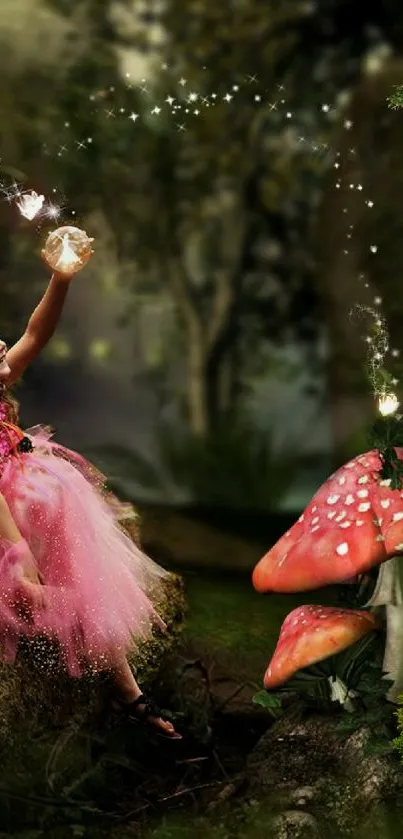 Girl in pink dress explores magical fairy forest with glowing mushrooms.