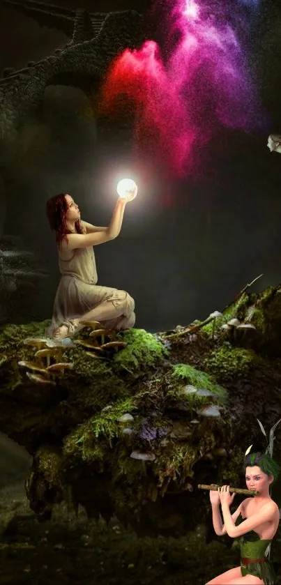 Fantasy scene with fairies holding a glowing orb in a mystical forest setting.