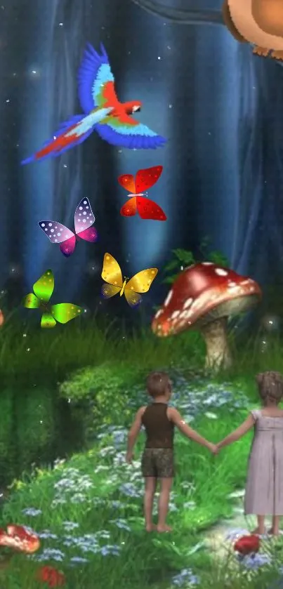 Children holding hands in a magical forest with butterflies and mushrooms.