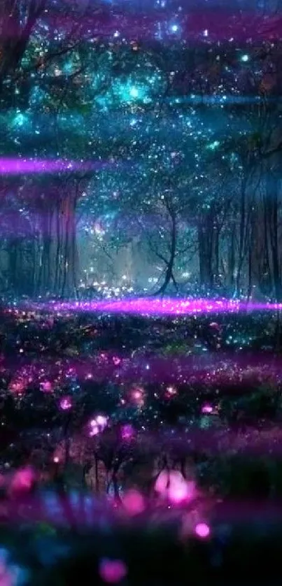 Magical forest with glowing lights in a dark, enchanting setting.