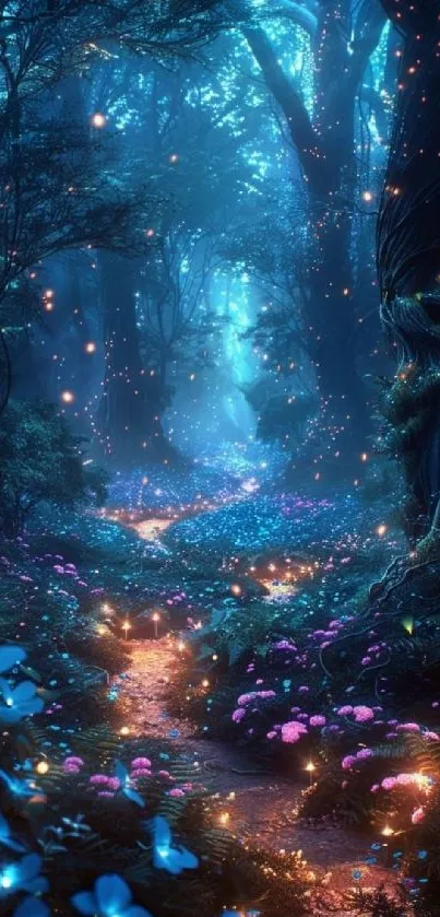 Mystical forest scene with glowing lights.