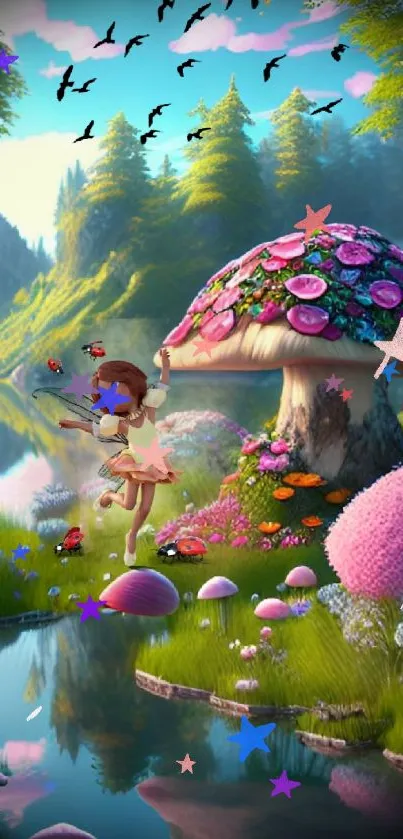 A magical forest scene with vibrant mushrooms and a dancing girl near a tranquil lake.