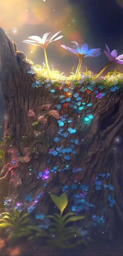 Magical forest scene with glowing flowers and butterflies on a tree stump.