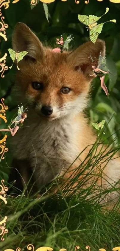 Fox surrounded by golden patterns and butterflies in a forest setting.