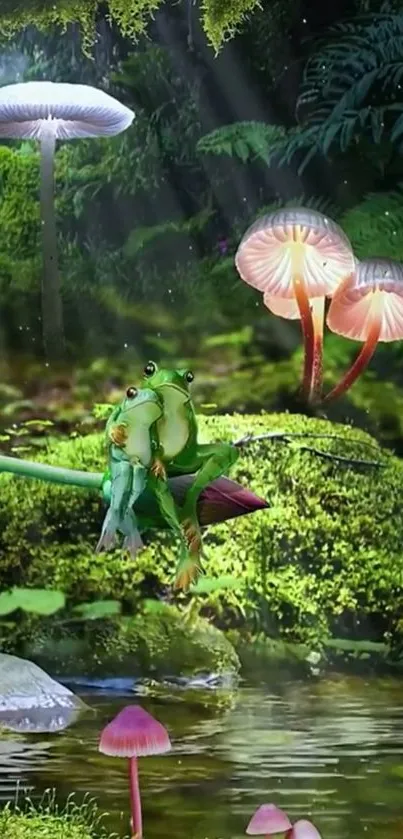 Two frogs in a mystical forest setting with glowing mushrooms.