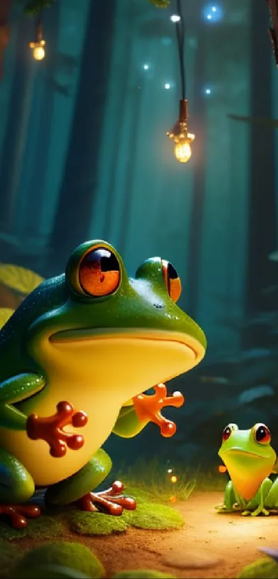 A magical forest scene with two vibrant frogs and glowing lanterns.