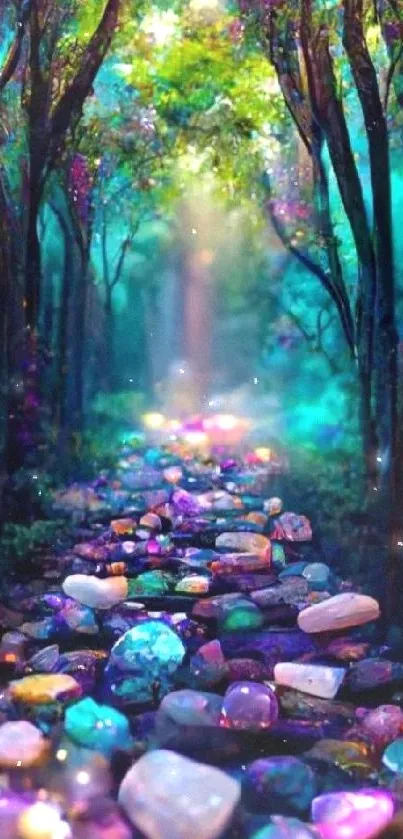 A mystical pathway adorned with colorful gemstones in a vibrant forest setting.