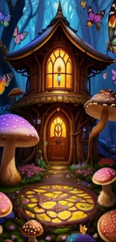 Enchanting forest house with butterflies and mushrooms in a mystical setting.