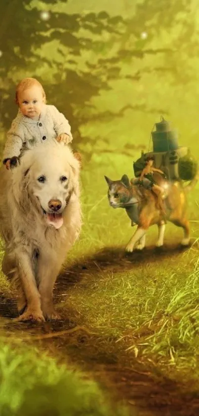 Baby rides a dog with a cat in magical, green forest scenery.