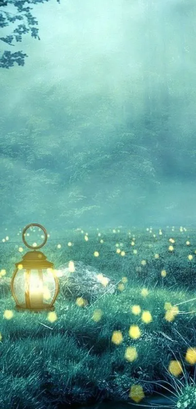 Enchanting forest wallpaper with lantern and fireflies.