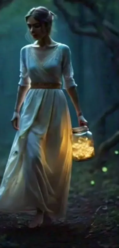 Woman in forest holding glowing lantern at night.