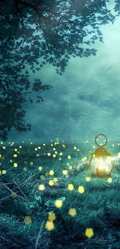 Magical forest scene with glowing lantern and fireflies.