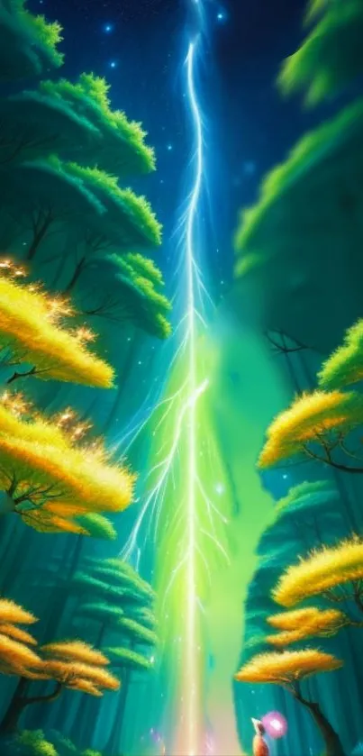 Magical forest wallpaper with lightning and glowing trees.