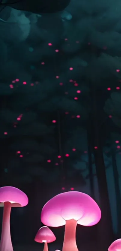 Glowing pink mushrooms in a dark, mystical forest setting.