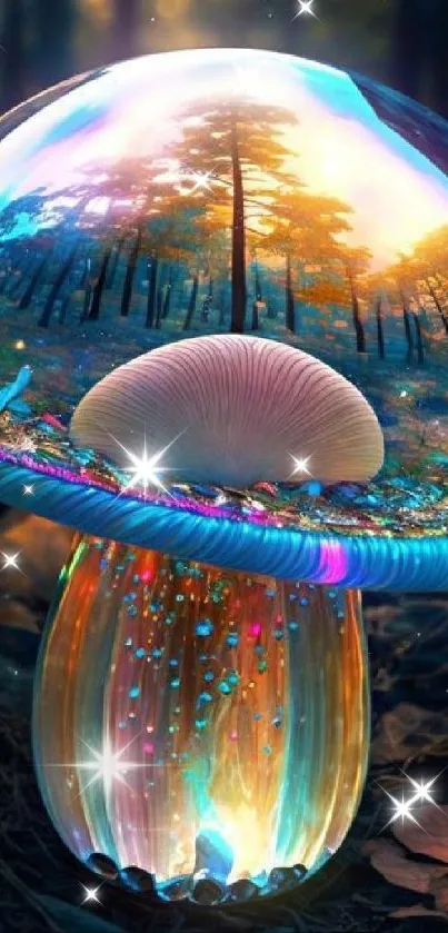 Luminous mushroom with forest reflection in magical wallpaper.