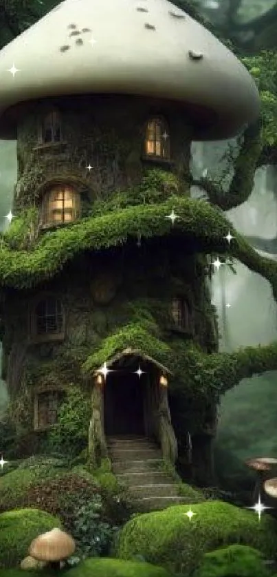 Charming mushroom house in a lush green forest setting, exuding magical vibes.