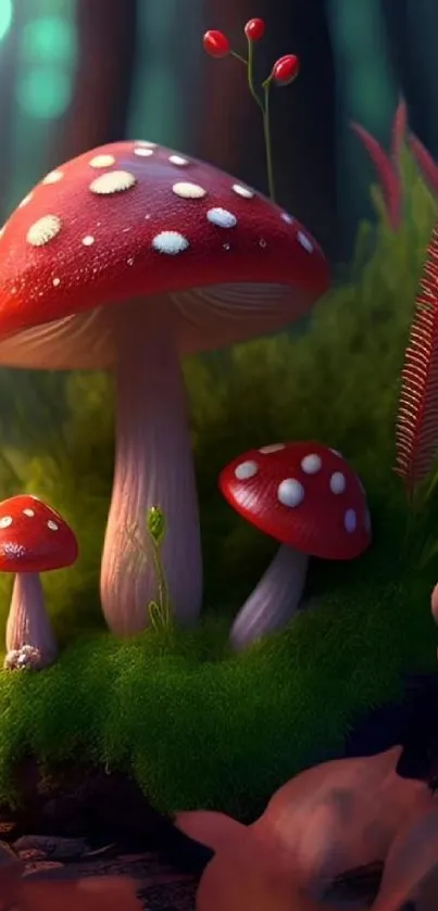 Enchanting forest scene with red mushrooms.