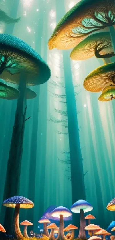 Magical forest with glowing mushrooms and a vibrant teal canopy.