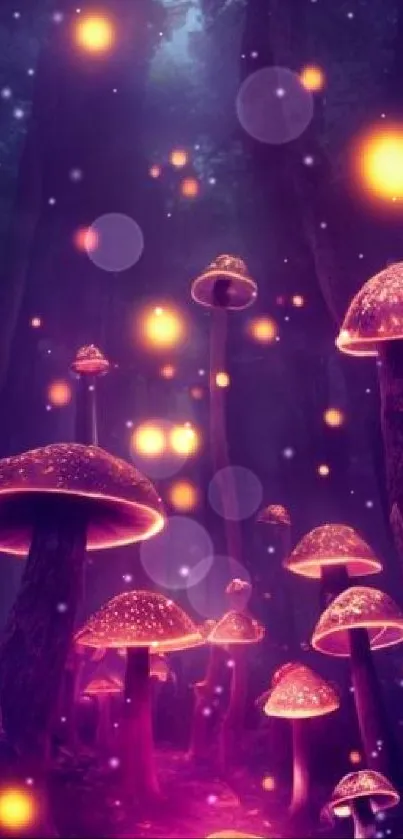 Luminous mushrooms glowing in magical forest setting at night.
