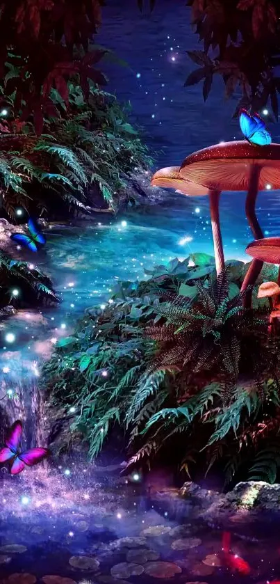 Magical forest with glowing mushrooms and butterflies