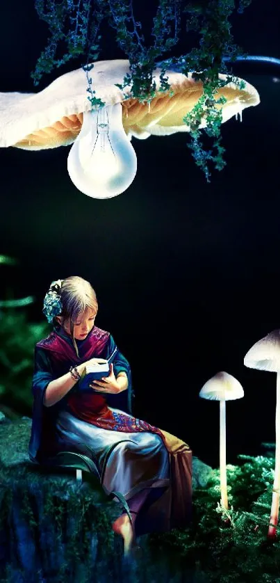 A woman reading under a whimsical lamp beside glowing mushrooms in a dark forest.