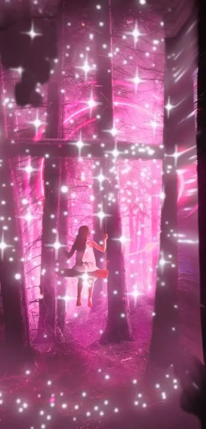 Magical forest with pink glowing lights and stars, evoking a dreamy fantasy scene.