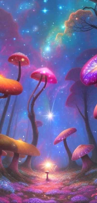 Vibrant magical forest with glowing mushrooms under a starry night sky.