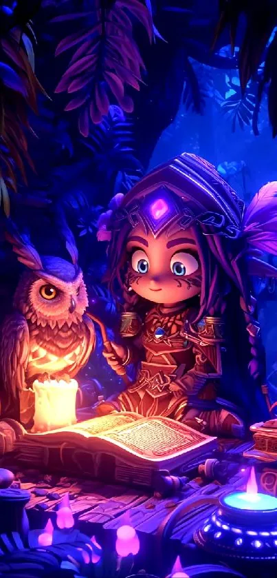 Colorful fantasy scene with owl and adventurer in magical forest.