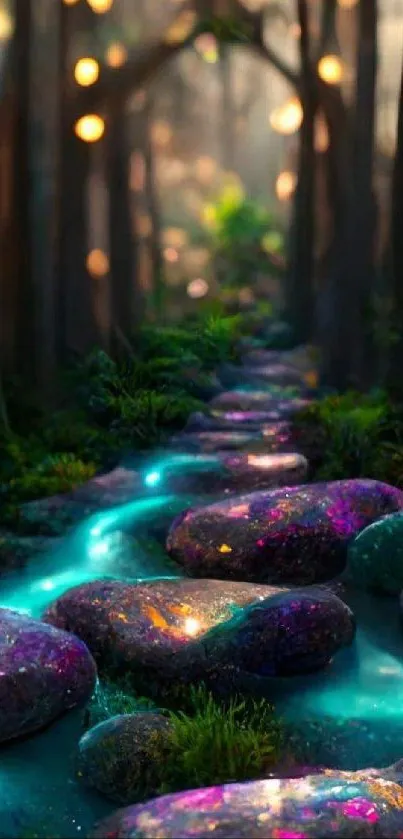 Magical forest path with glowing stones.