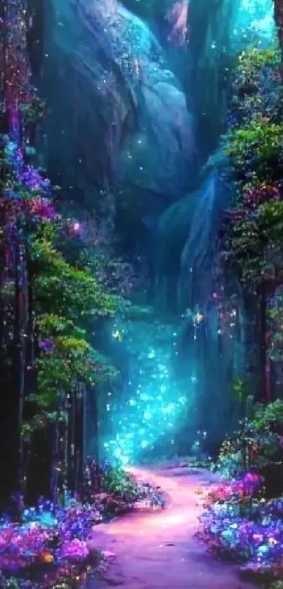 Magical forest path with neon lights in a mystical landscape phone wallpaper.