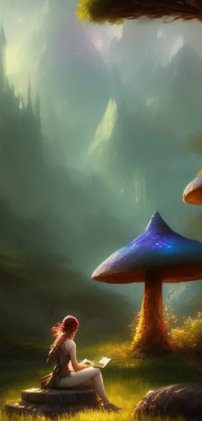 Magical forest wallpaper with giant mushrooms and a distant castle view.