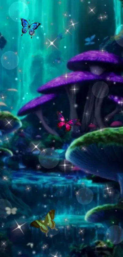 Magical forest wallpaper with glowing mushrooms and butterflies.